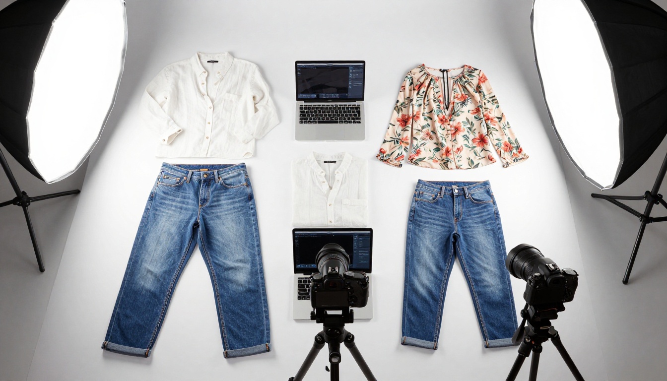Overhead aerial flat-lay view of a professional product photography setup with clothing items arranged on white seamless paper