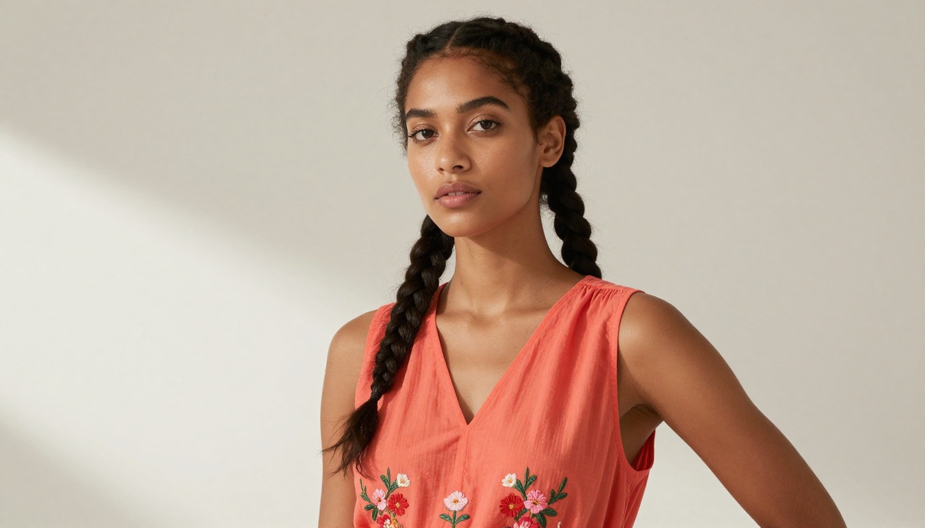 Professional female fashion model in a vibrant coral embroidered dress in a clean white studio catalog shoot