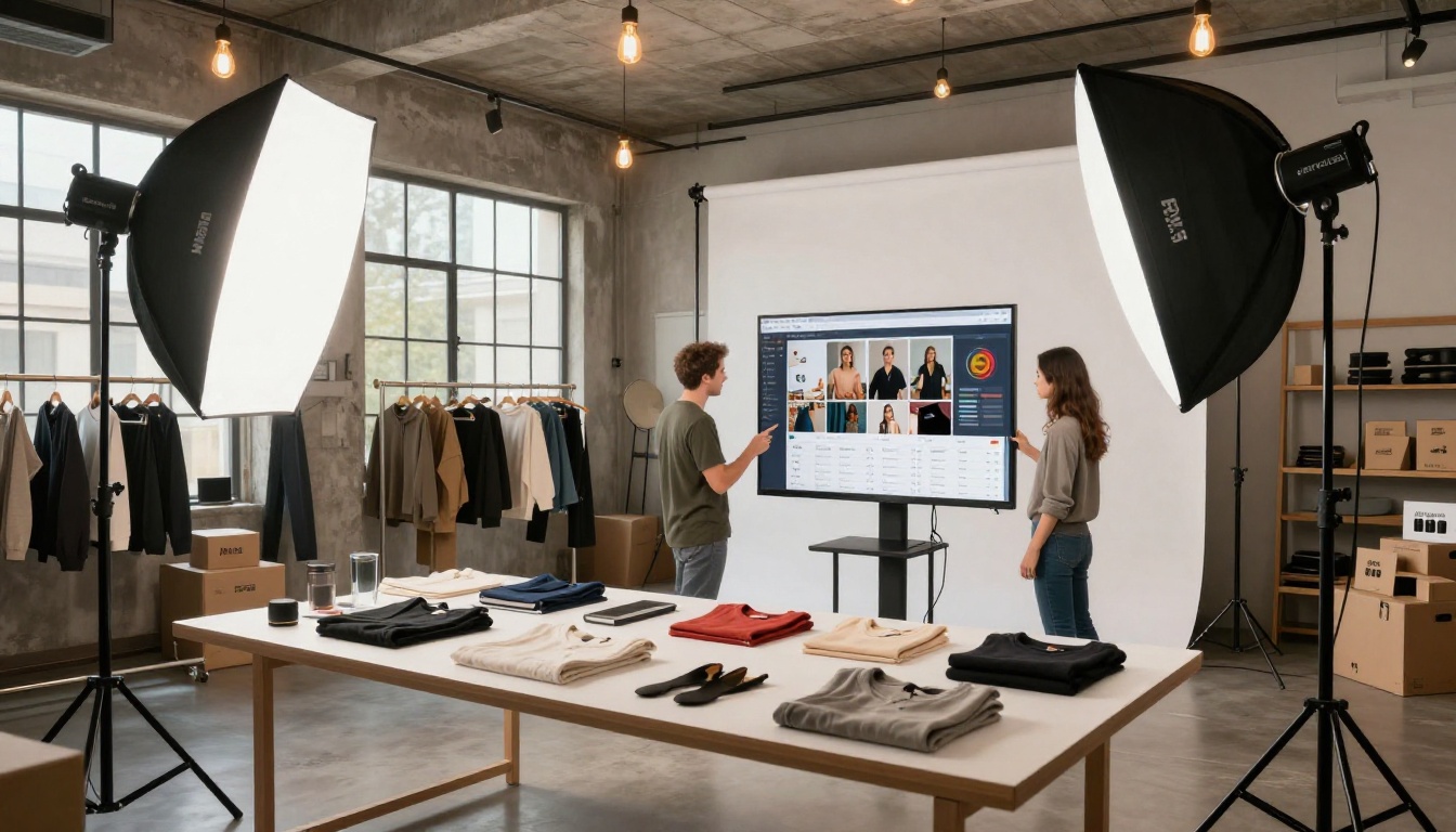 Modern e-commerce product photography studio with a team reviewing AI-curated product shots on a large monitor