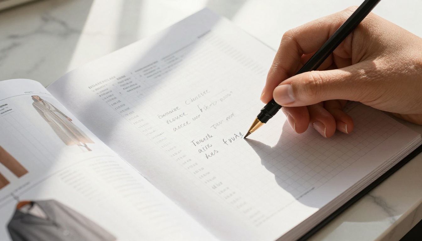 Fashion catalog spread open on white marble desk with handwritten keyword list on graph paper beside it