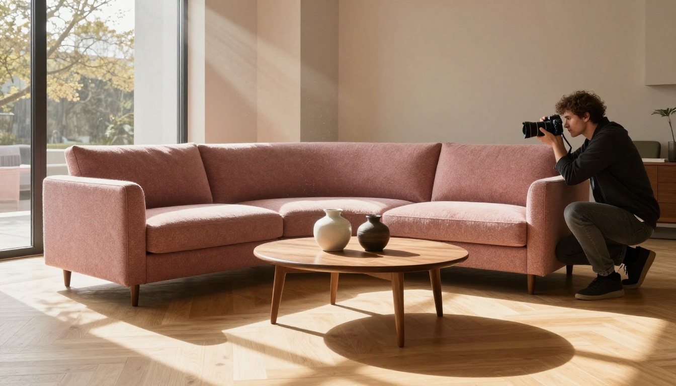 Low-angle professional photography of a dusty rose bouclé sofa in a Scandinavian furniture showroom for catalog Low-angle professional photography of a dusty rose bouclé sofa in a Scandinavian furniture showroom for catalog