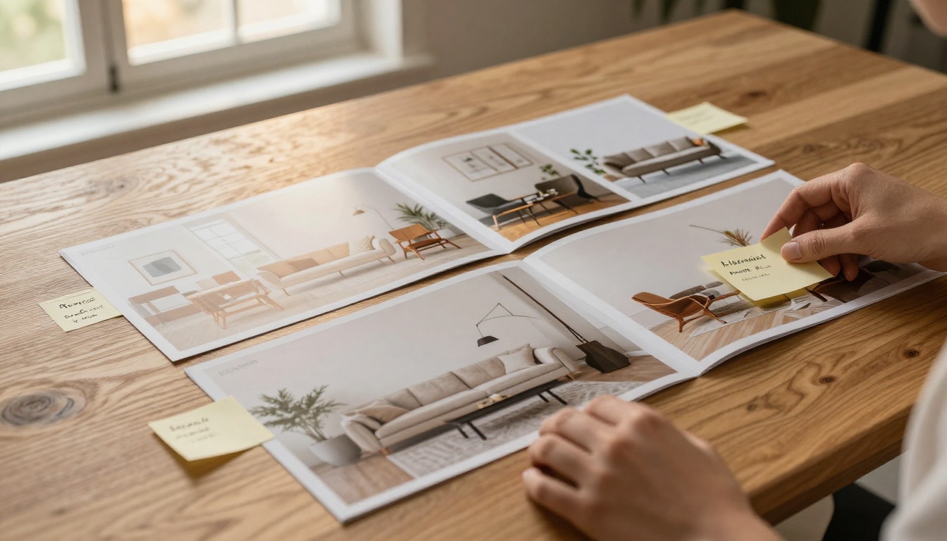 Furniture catalog laid flat on a natural oak table with keyword sticky notes arranged in the margins Furniture catalog laid flat on a natural oak table with keyword sticky notes arranged in the margins