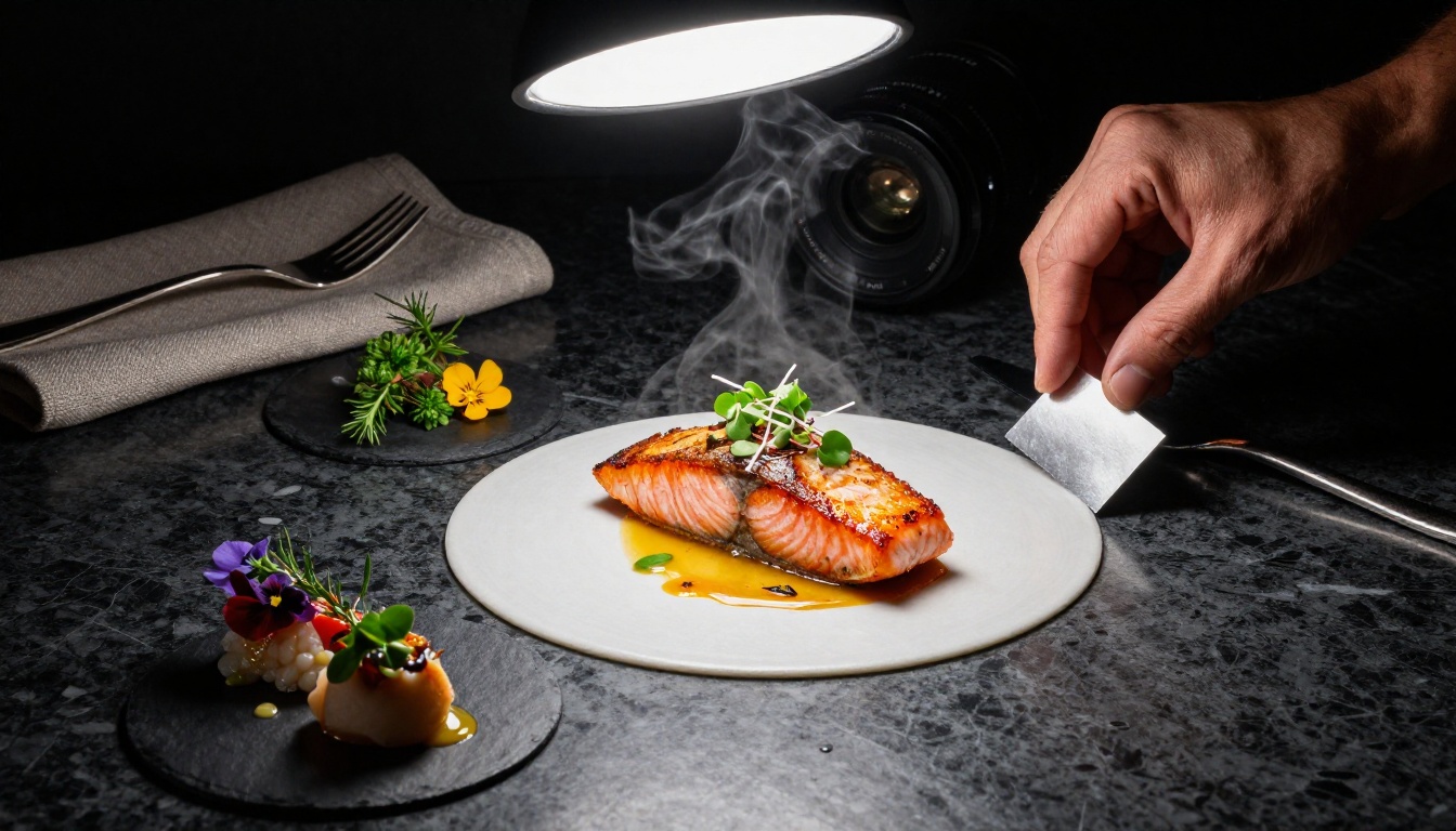 Professional gourmet food photography setup for a restaurant menu catalog with beautifully plated dishes on dark marble Professional gourmet food photography setup for a restaurant menu catalog with beautifully plated dishes on dark marble