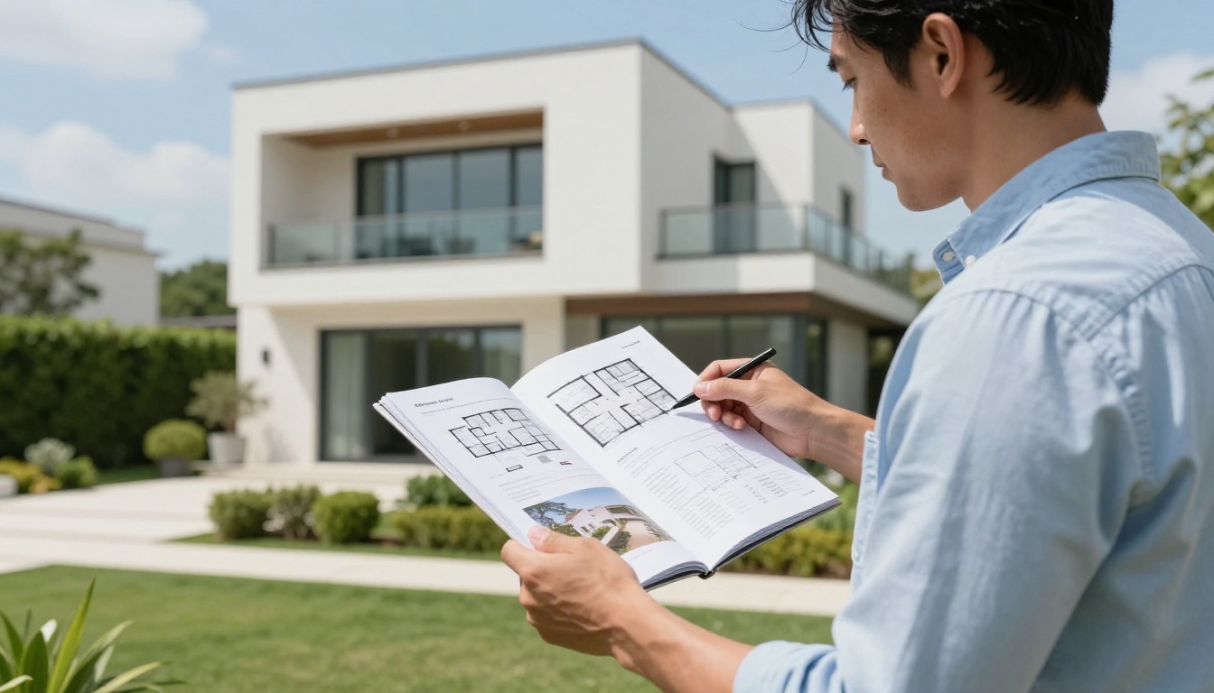 Real estate agent in a light blue Oxford shirt holding open a property brochure outdoors by a white modern villa