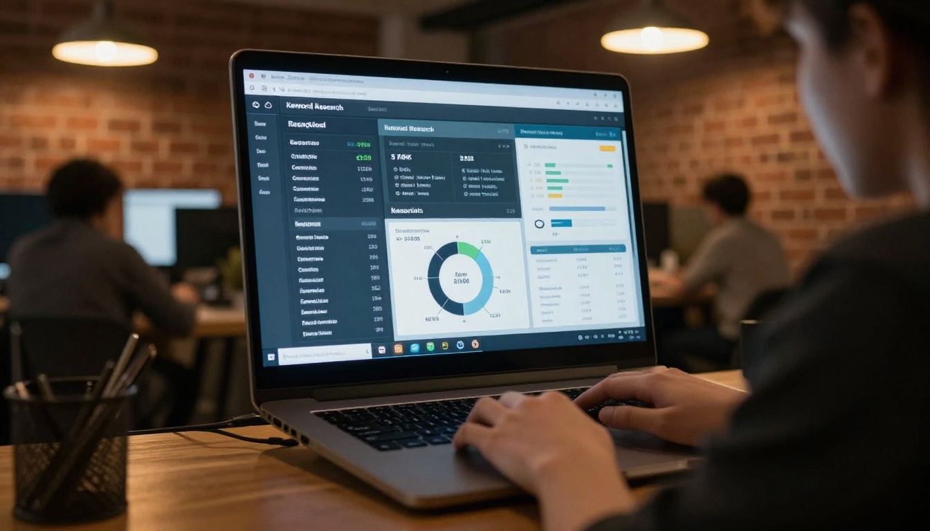 Keyword research for catalogs shown on a laptop dashboard in a warm co-working space