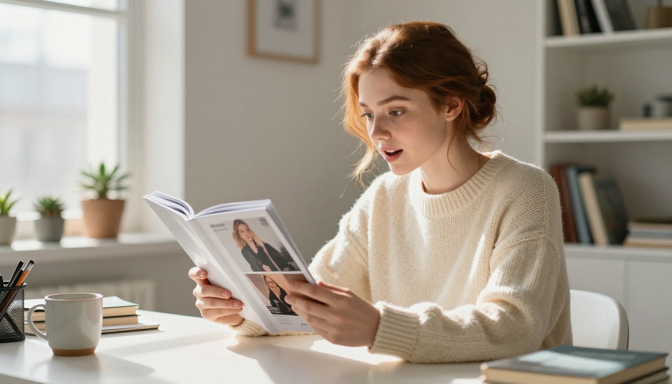 Woman with auburn hair engaged with a premium printed product catalog in a bright home office setting Woman with auburn hair engaged with a premium printed product catalog in a bright home office setting