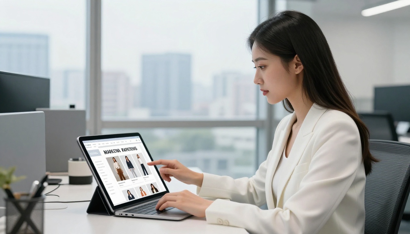 Young woman in marketing agency office browsing a digital catalog on a tablet with city skyline behind her
