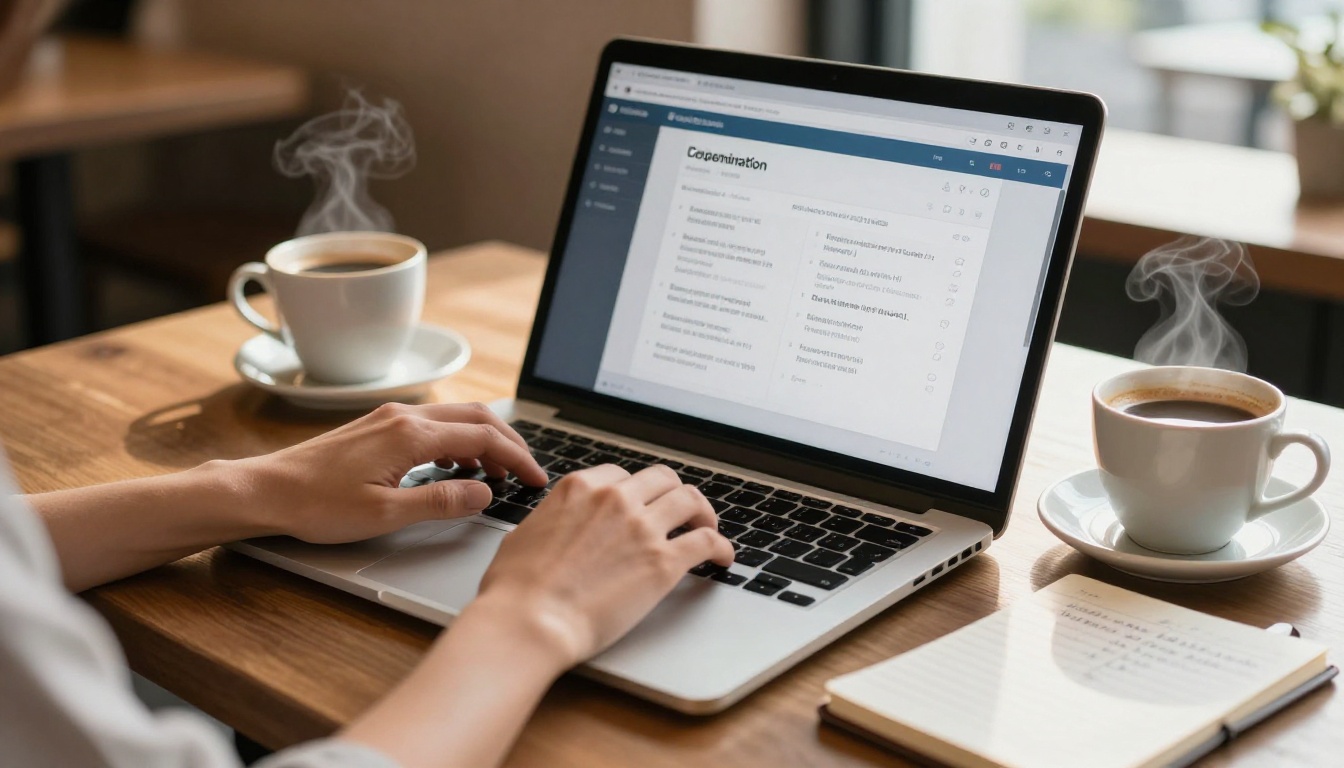 Woman's hands typing on a laptop in a warm café with a content optimization interface visible on screen Woman's hands typing on a laptop in a warm café with a content optimization interface visible on screen