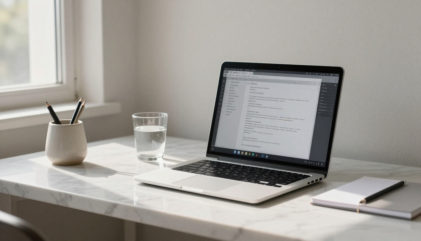 Laptop on marble desk with AI text interface in natural afternoon light