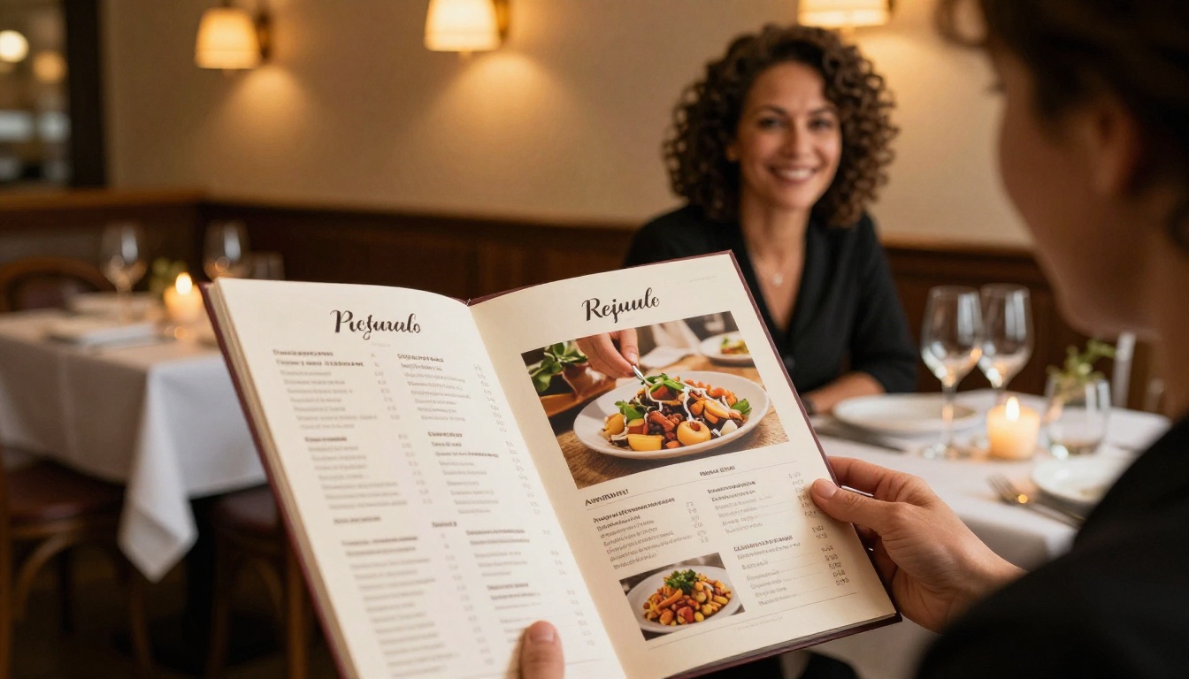 Restaurant owner with curly hair and warm smile holding open a printed menu catalog at her candlelit establishment
