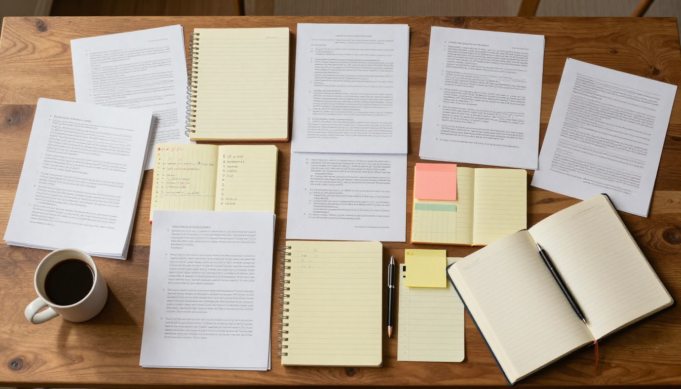 Aerial view of organized desk notes, documents and handwritten pages in morning light