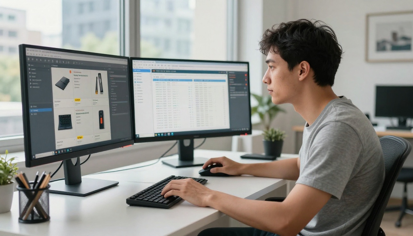 E-commerce entrepreneur at a standing desk with multiple monitors showing catalog listings and an analytics dashboard E-commerce entrepreneur at a standing desk with multiple monitors showing catalog listings and an analytics dashboard