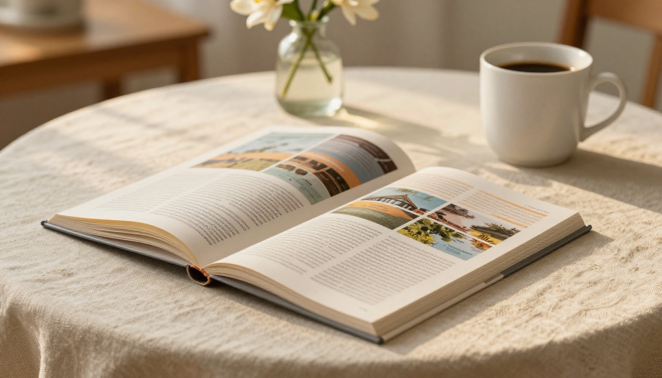 Open publication with colorful pages on linen tablecloth with espresso and gardenia in golden light