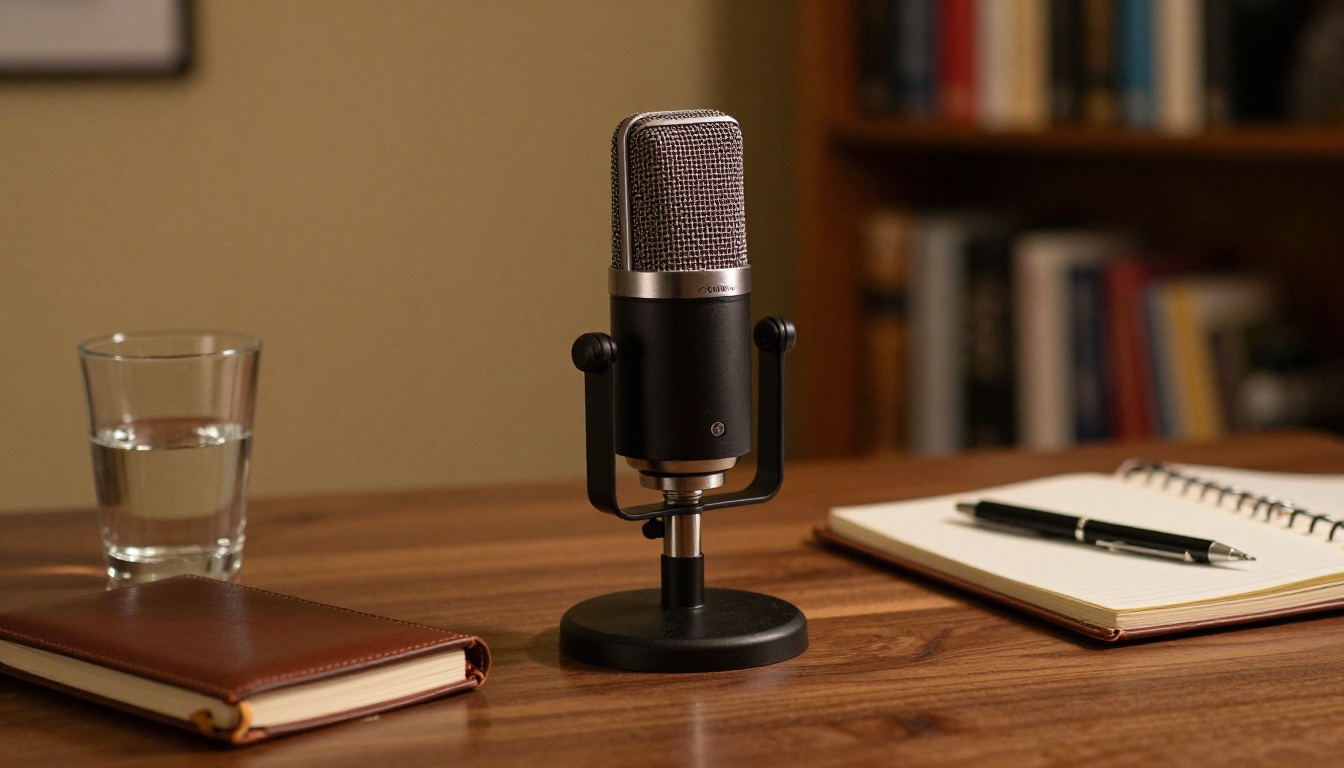 Professional microphone on walnut desk with leather notebook in Rembrandt lighting