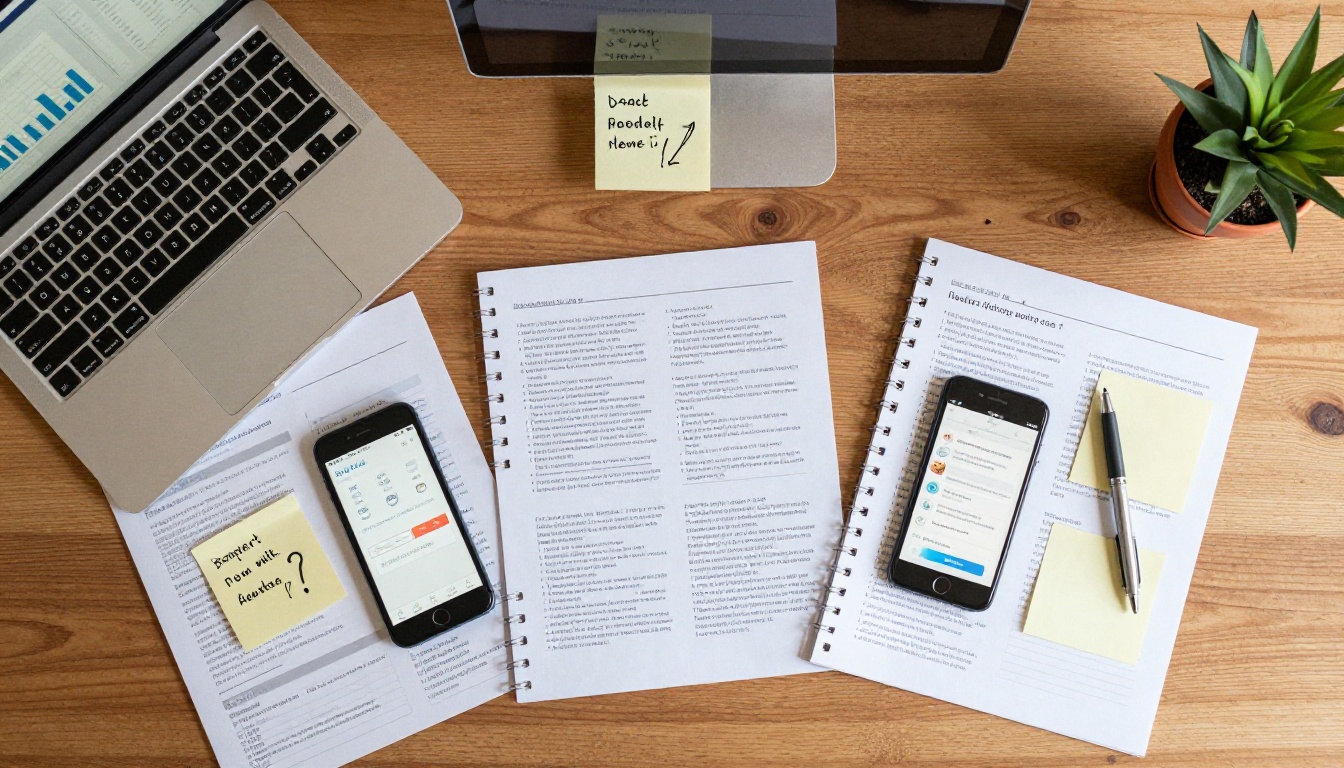 Aerial flat lay of a desk with catalog samples, a laptop showing analytics, sticky notes with keywords, a pen, and a terracotta plant Aerial flat lay of a desk with catalog samples, a laptop showing analytics, sticky notes with keywords, a pen, and a terracotta plant