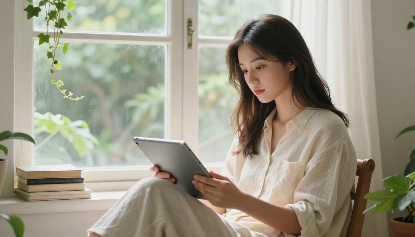 Young woman reviewing digital publication on tablet in bright plant-filled reading nook Young woman reviewing digital publication on tablet in bright plant-filled reading nook