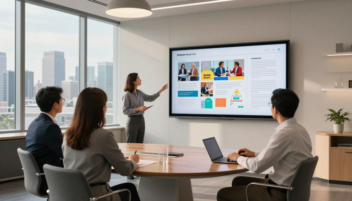 Business professionals in modern conference room with interactive publication on screen Business professionals in modern conference room with interactive publication on screen