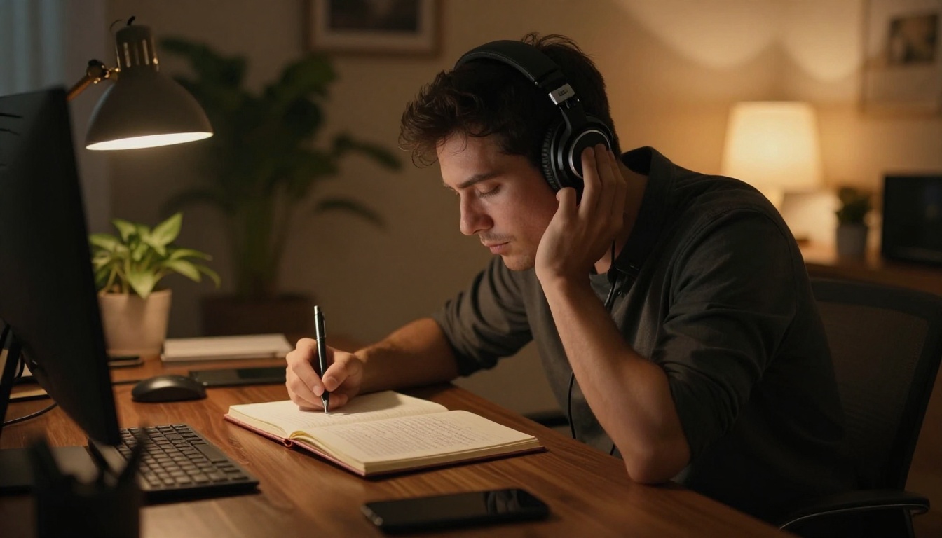 Creative professional with over-ear headphones at dark wooden desk in warm amber studio light Creative professional with over-ear headphones at dark wooden desk in warm amber studio light