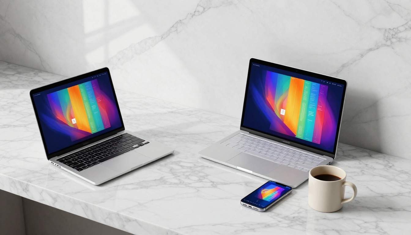 Multiple devices showing the same colorful flipbook publication on white marble surface in skylight Multiple devices showing the same colorful flipbook publication on white marble surface in skylight