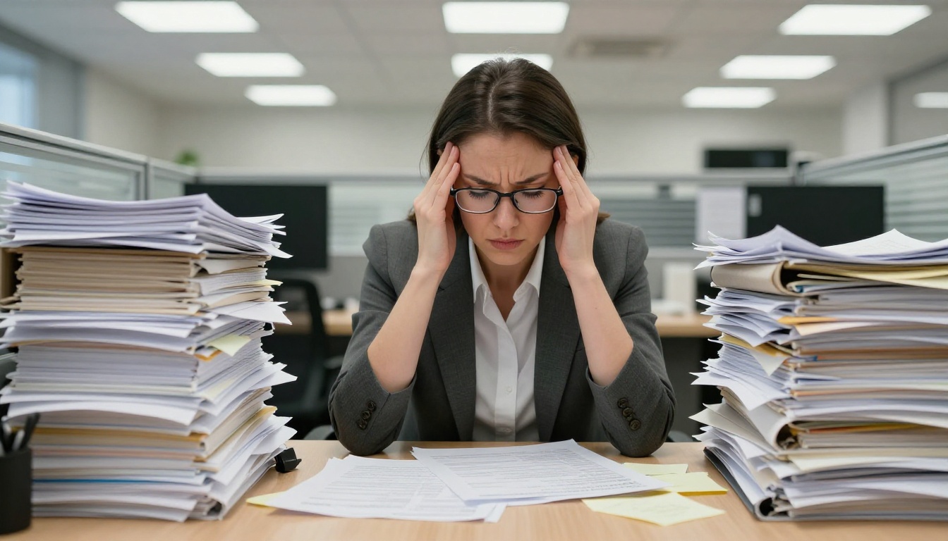Overwhelmed office worker surrounded by towering stacks of printed reports on a cluttered corporate desk Overwhelmed office worker surrounded by towering stacks of printed reports on a cluttered corporate desk