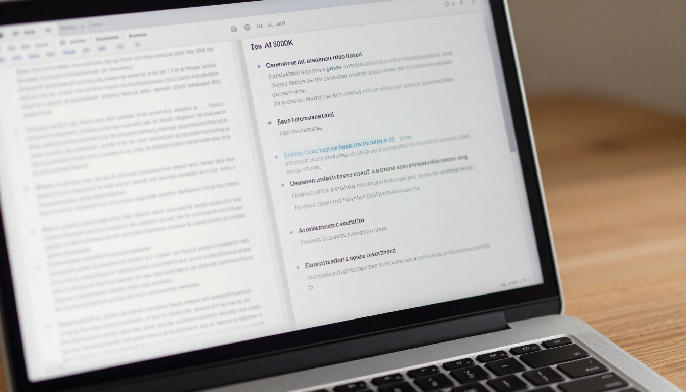 Laptop screen showing split-screen interface with dense source document on left and clean AI-generated summary on right Laptop screen showing split-screen interface with dense source document on left and clean AI-generated summary on right
