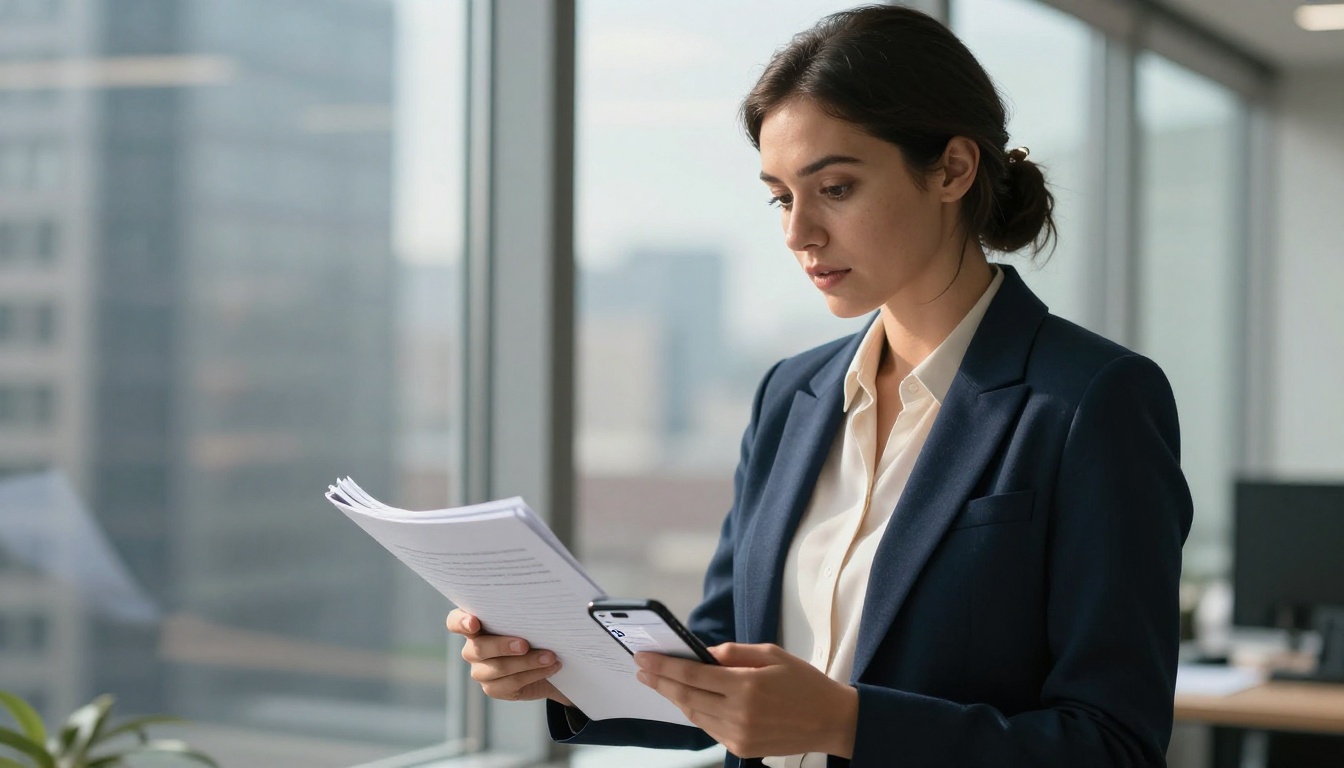 Professional business analyst holding thick printed report binder in one hand and smartphone with clean summary in the other Professional business analyst holding thick printed report binder in one hand and smartphone with clean summary in the other