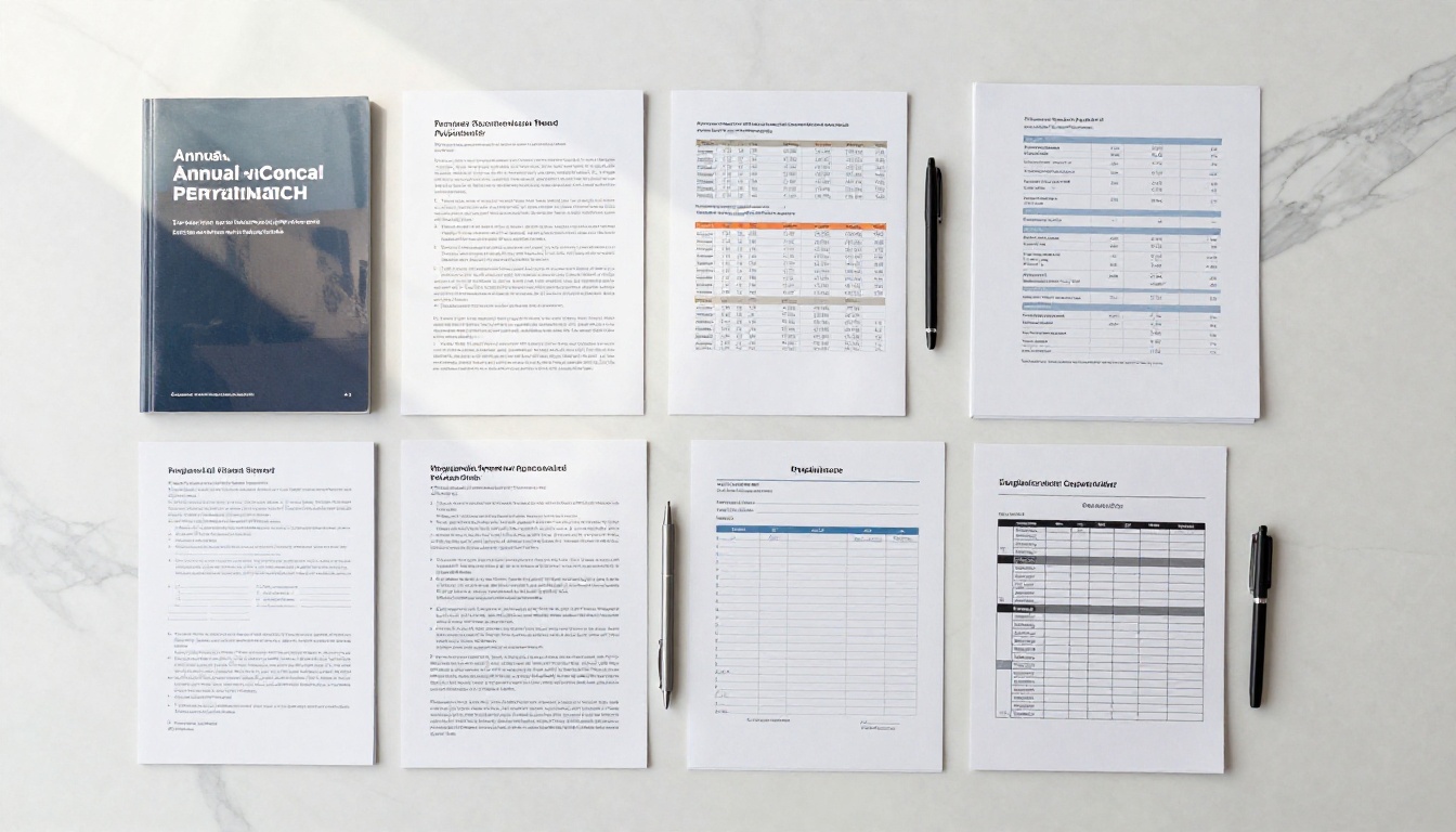 Aerial flat-lay overhead view of various business document types spread across a white marble desk Aerial flat-lay overhead view of various business document types spread across a white marble desk