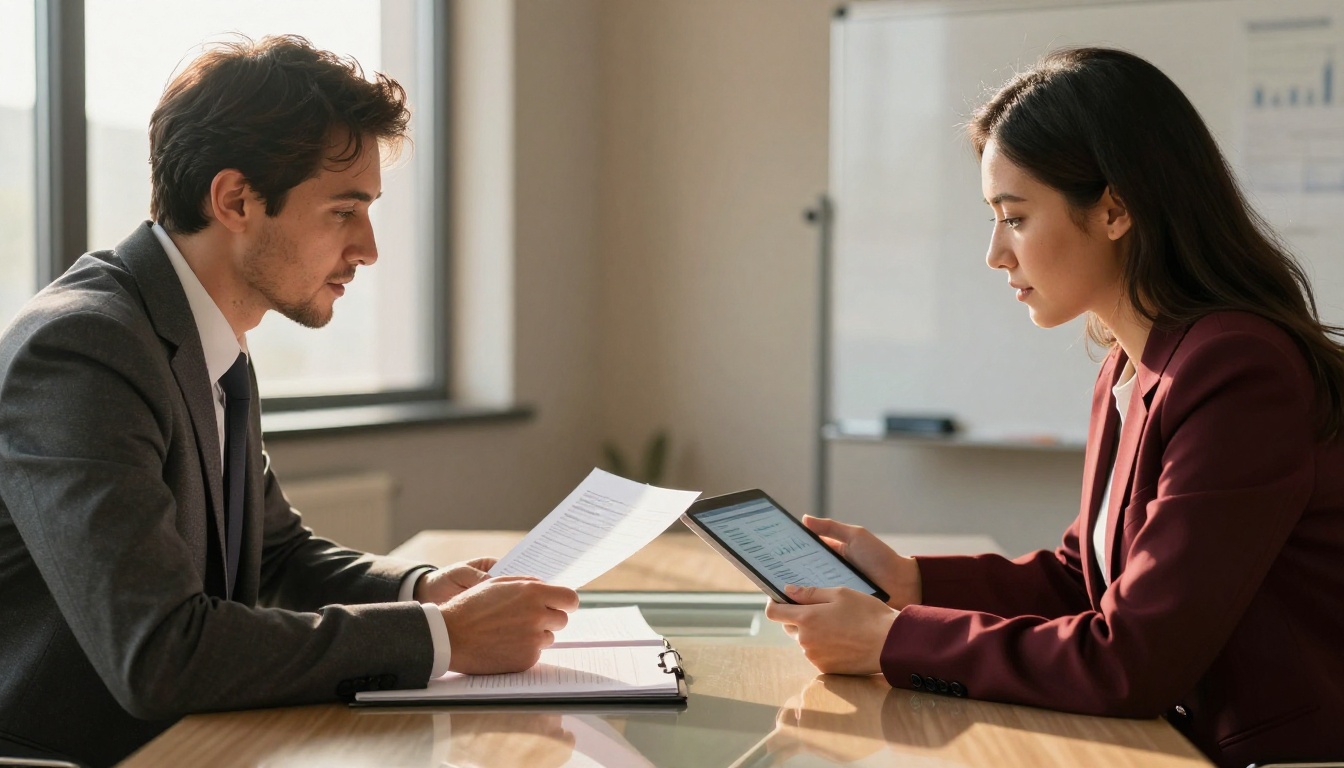 Two business professionals at a glass conference table comparing a thick printed report binder against a clean tablet summary Two business professionals at a glass conference table comparing a thick printed report binder against a clean tablet summary