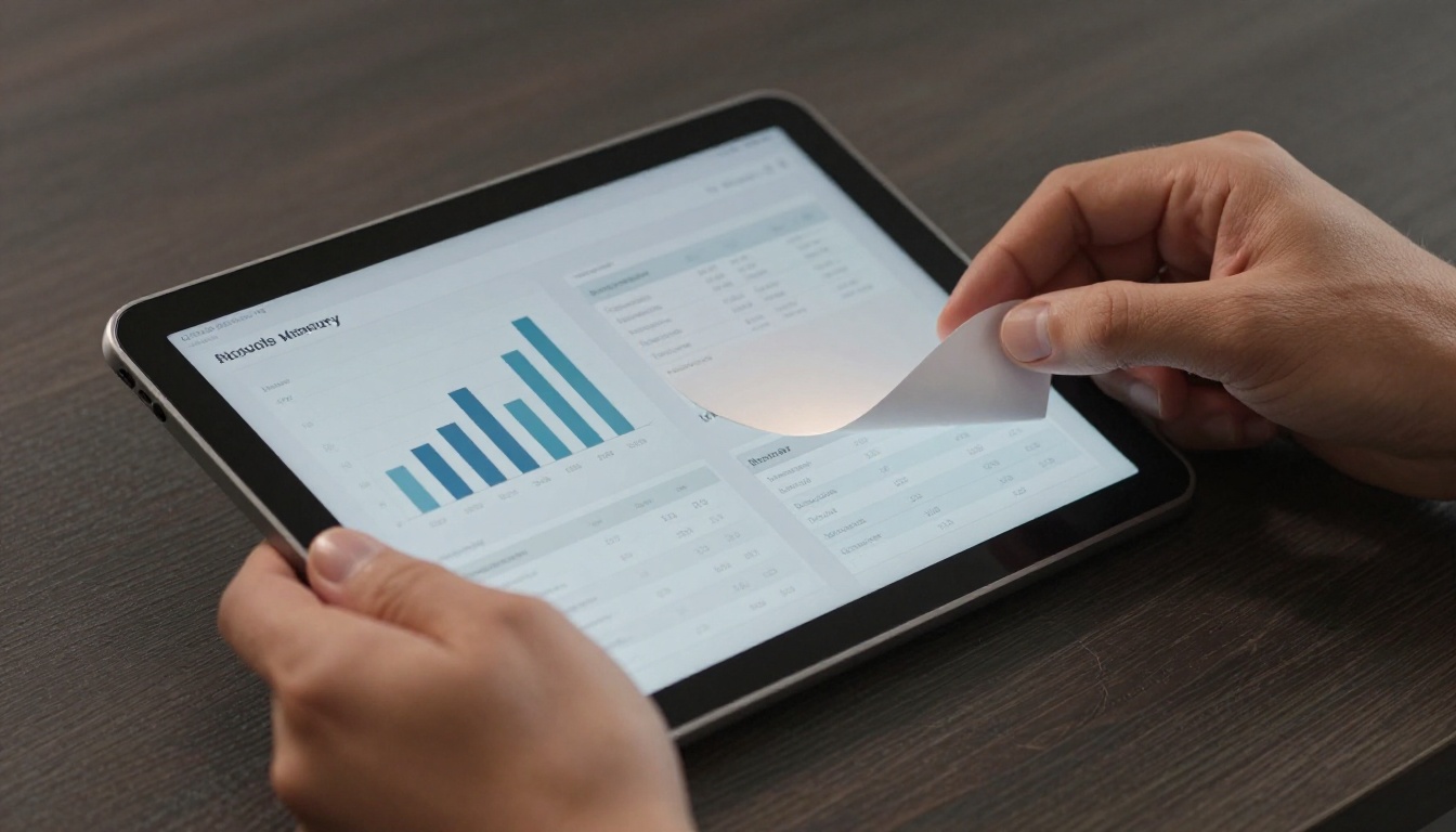 Two hands holding a slate-grey tablet displaying an interactive digital flipbook with a page mid-curl during a page-turn animation