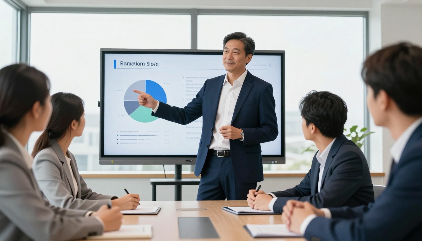 Confident business presenter gesturing toward an interactive flipbook displayed on a large conference room screen for an attentive audience