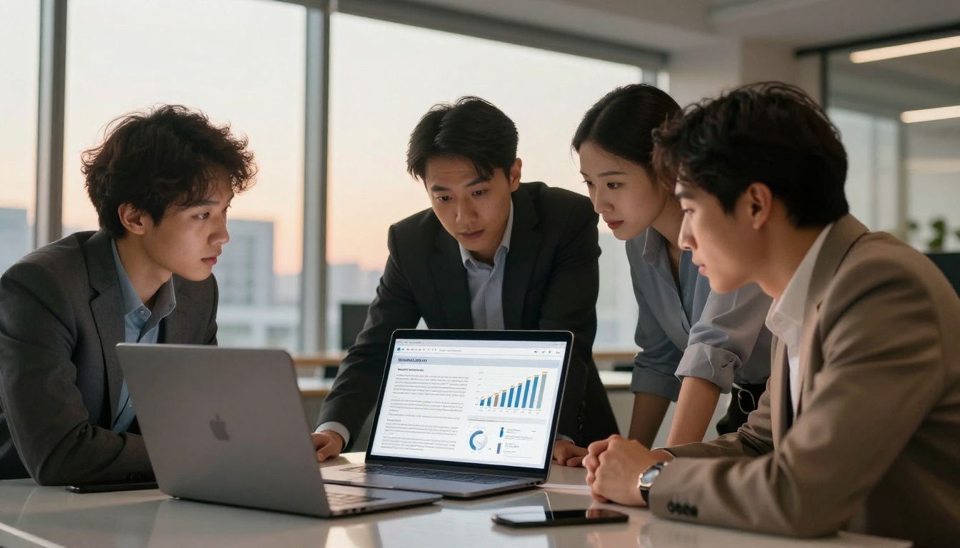 Finance team of three professionals leaning in together to review an AI-generated report summary on a laptop screen
