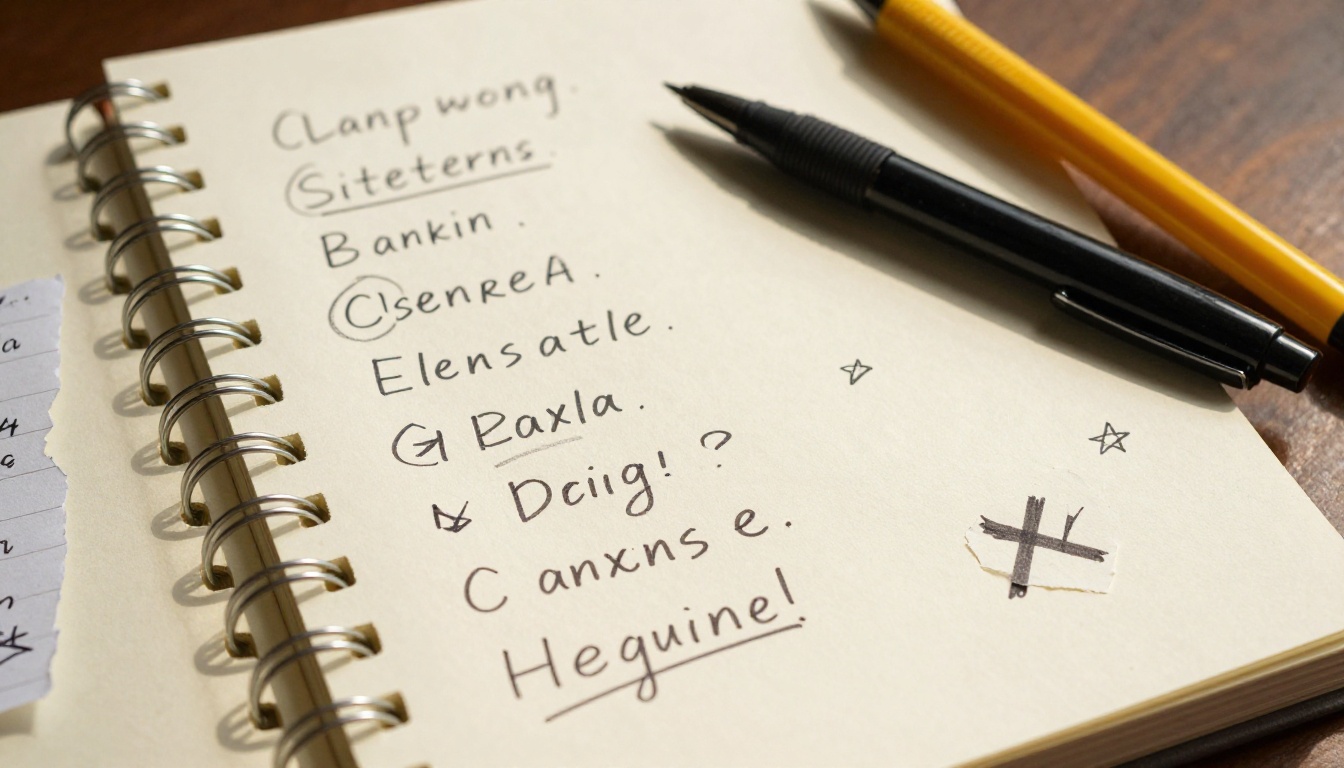 Handwritten magazine name ideas in a spiral notebook on a warm wooden desk