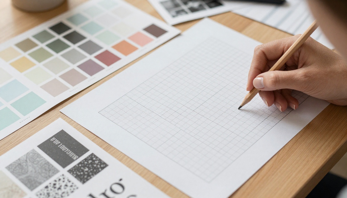 Design mood board with color swatches and layout grids spread across a wooden desk