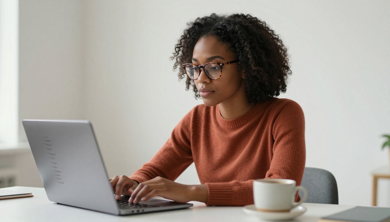 Young woman at a laptop reviewing AI-generated magazine name suggestions