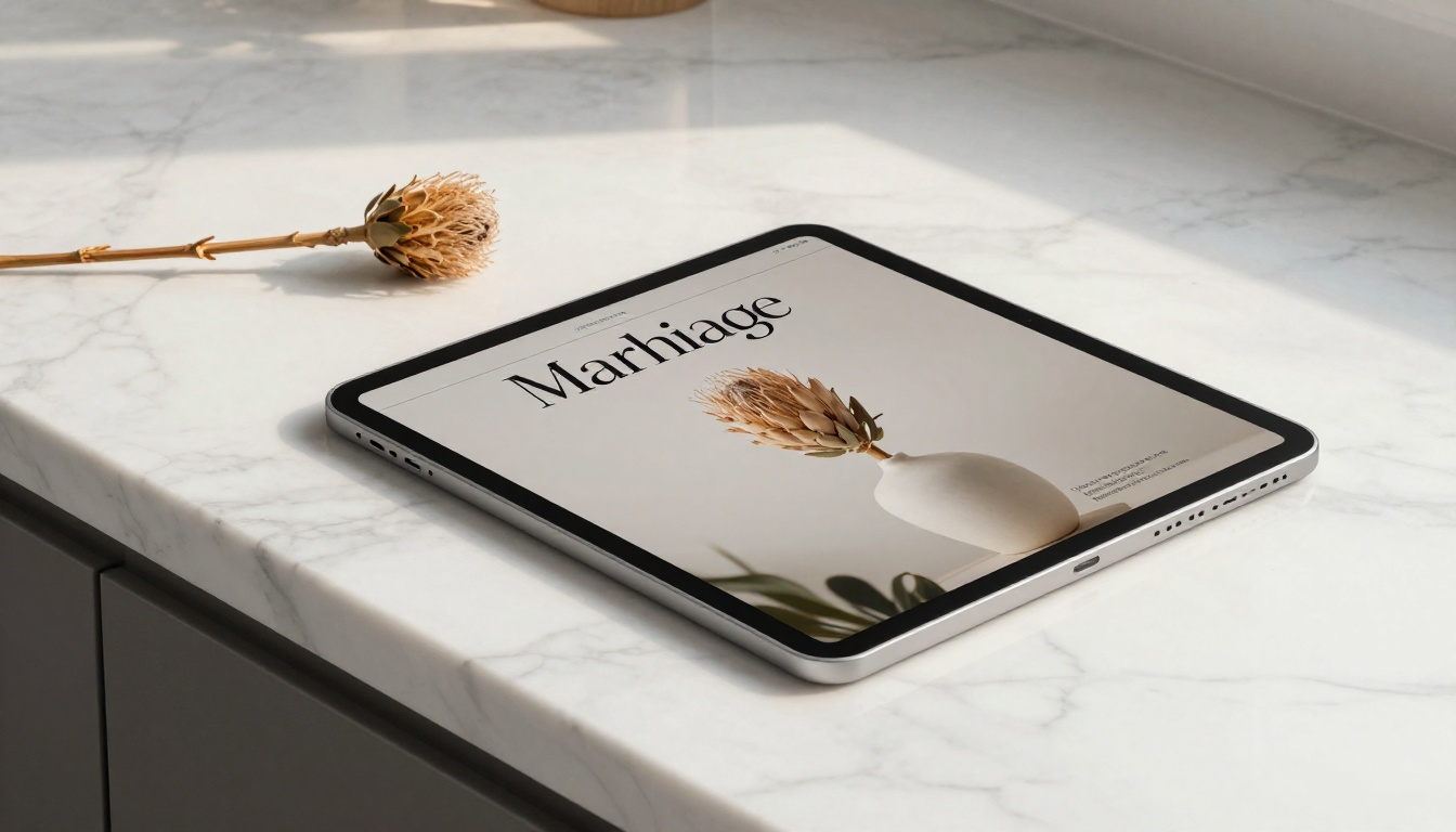 Digital magazine displayed on a silver tablet propped on white marble