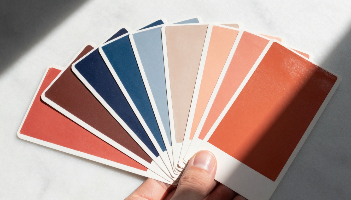 Color swatches fanned out in gradient order from deep navy to warm coral on white marble