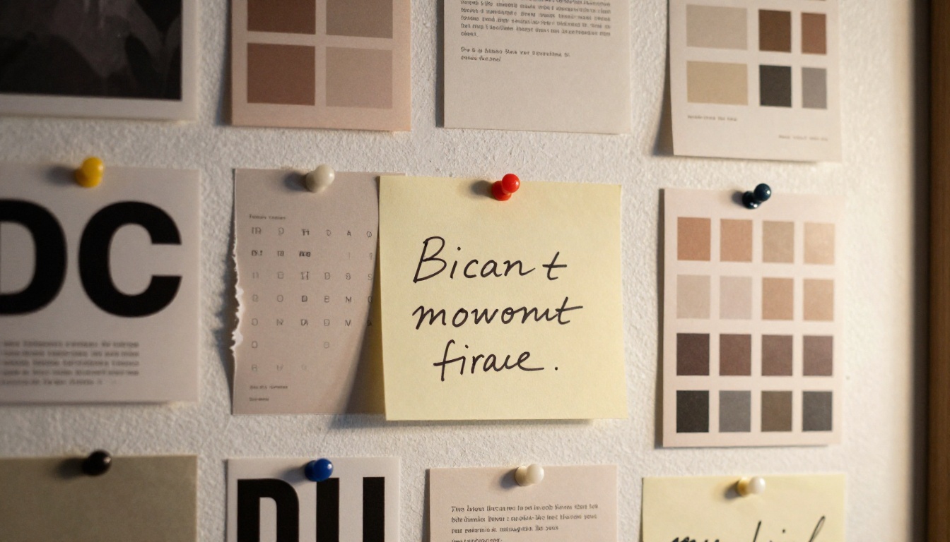 Creative mood board with font samples and color swatches pinned to a cork wall