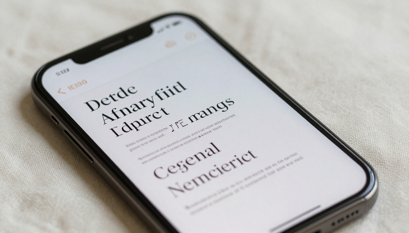Smartphone screen displaying a clean typographic layout with serif and sans-serif font pairings