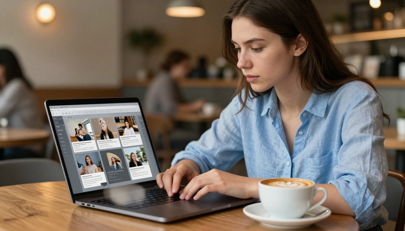 Young woman in light blue linen shirt at a café reviewing a multi-column document on laptop