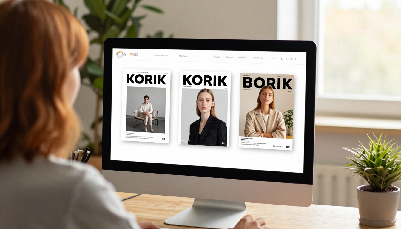 Woman reviewing digital magazine layouts on an iMac monitor from over her shoulder