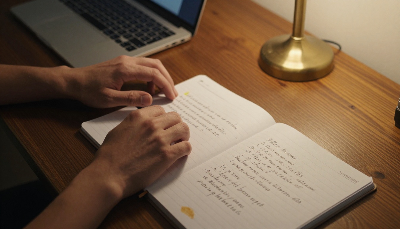 Man typing magazine name drafts on a laptop with a handwritten notepad beside him Man typing magazine name drafts on a laptop with a handwritten notepad beside him