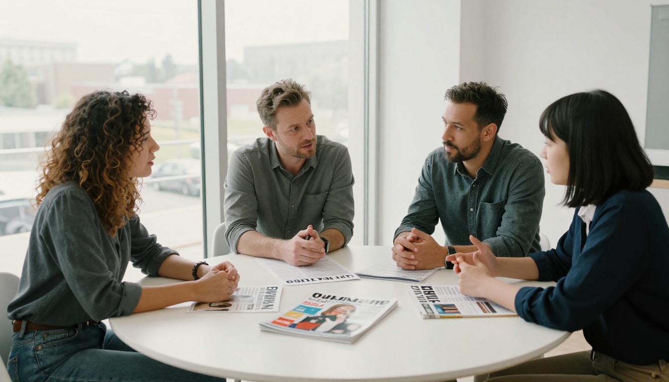 Three colleagues discussing magazine naming around a table with printed layout mockups Three colleagues discussing magazine naming around a table with printed layout mockups