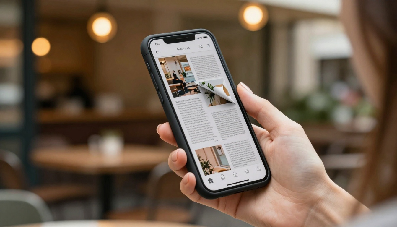 Hand holding a smartphone displaying a digital magazine flipbook with a page-turn effect Hand holding a smartphone displaying a digital magazine flipbook with a page-turn effect