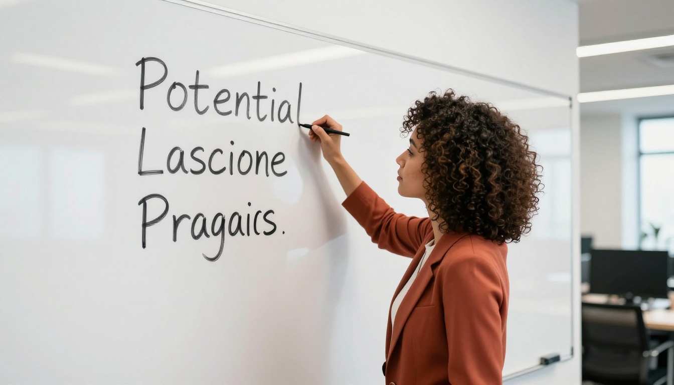 Woman writing magazine names on a large whiteboard in a bright modern office Woman writing magazine names on a large whiteboard in a bright modern office