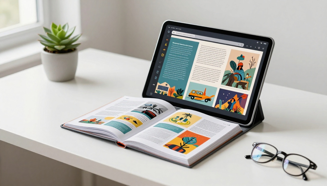 Open tablet on modern white desk displaying a colorful digital flipbook with mid-turn page curl