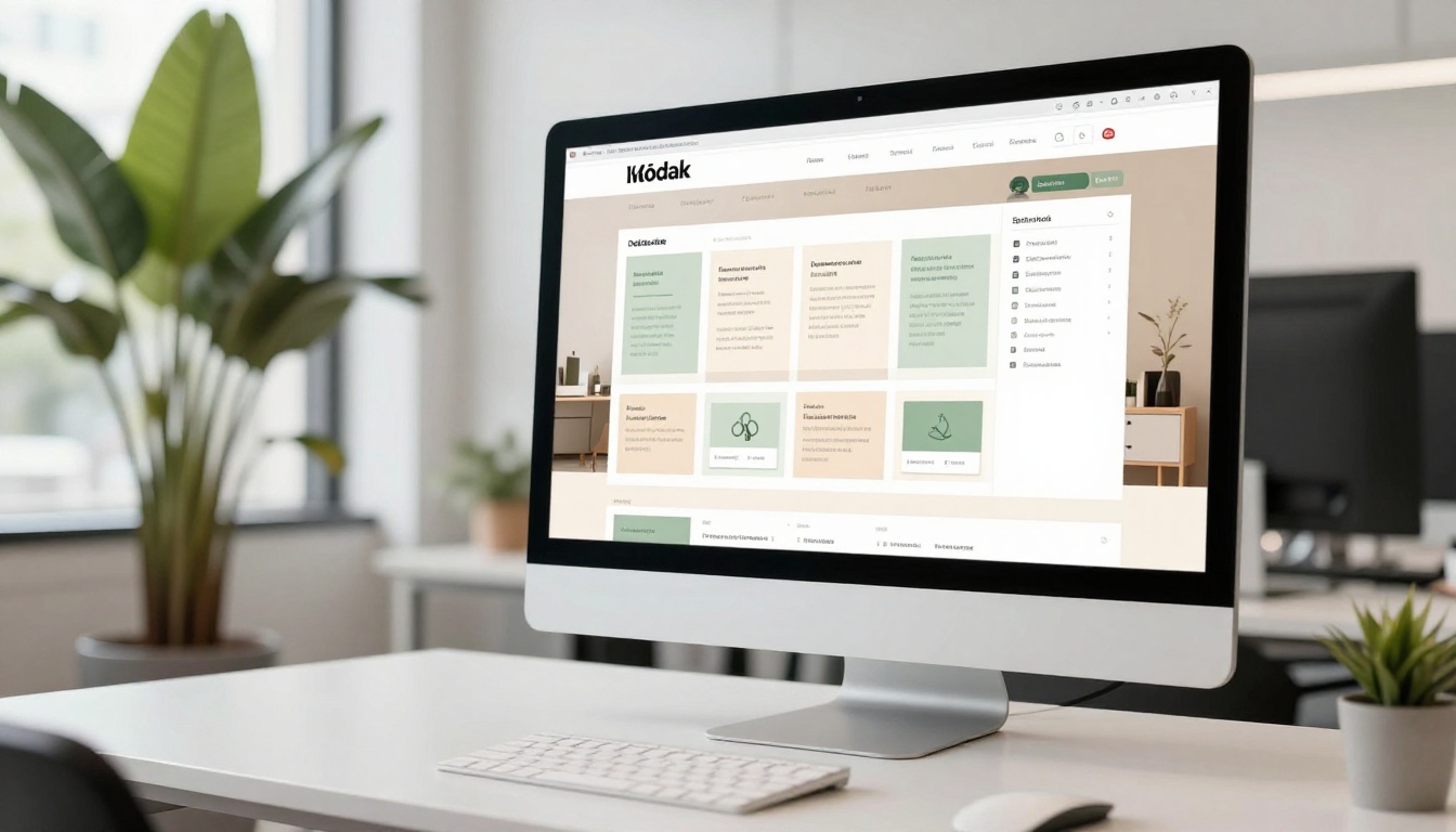 Widescreen monitor on white desk showing a clean grid layout with visual hierarchy and muted earth tones Widescreen monitor on white desk showing a clean grid layout with visual hierarchy and muted earth tones