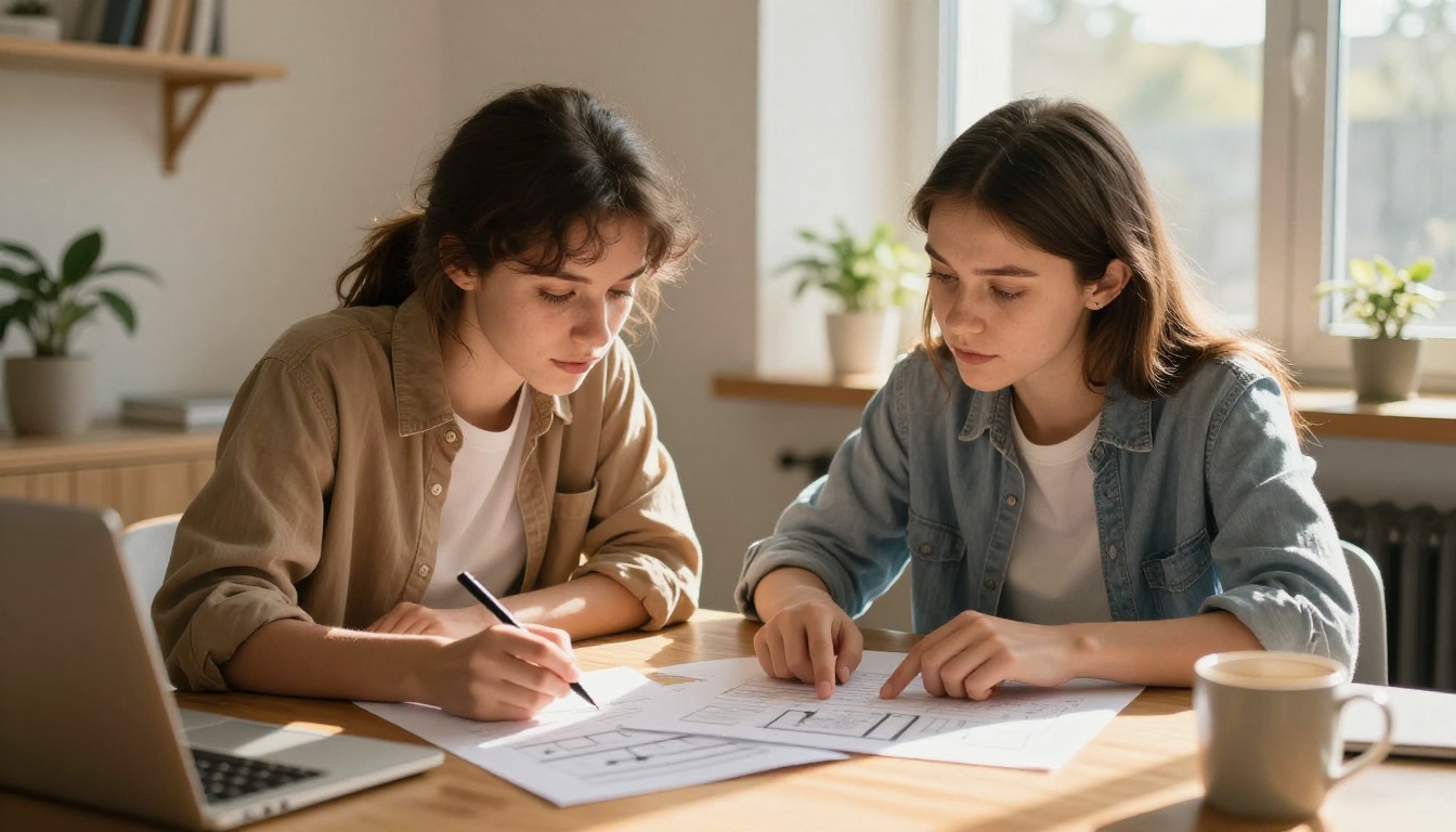 Two young women at a shared desk collaborating on layout pages, one pointing at a design section Two young women at a shared desk collaborating on layout pages, one pointing at a design section