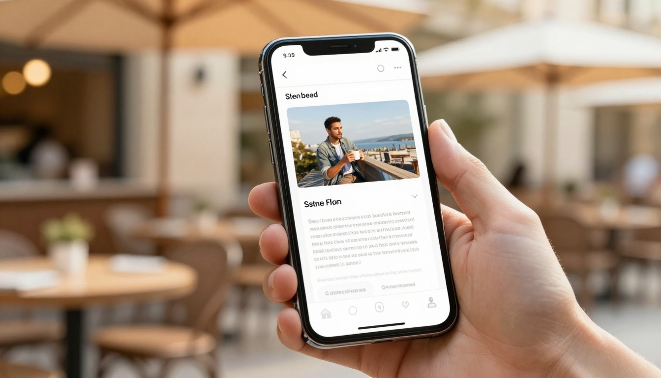 Hand holding a smartphone displaying a sleek mobile-optimized document layout with large hero images Hand holding a smartphone displaying a sleek mobile-optimized document layout with large hero images