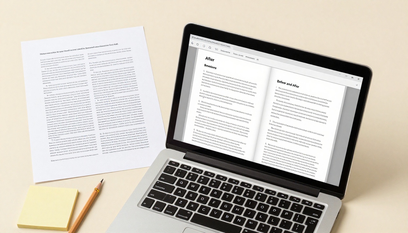 Overhead flat lay showing a printed PDF document beside a laptop displaying the same content as a digital flipbook Overhead flat lay showing a printed PDF document beside a laptop displaying the same content as a digital flipbook