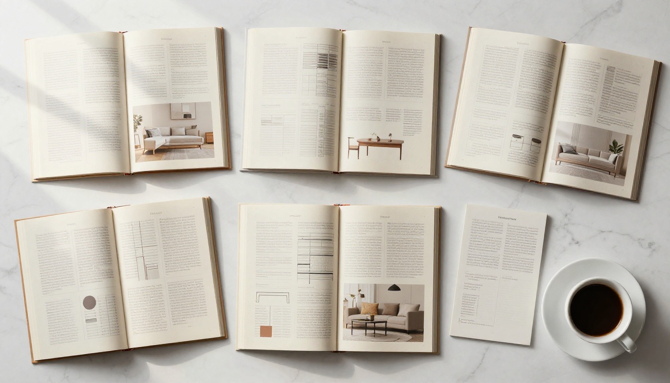 Multiple open product catalogs spread across a white marble surface in a flat lay overhead shot Multiple open product catalogs spread across a white marble surface in a flat lay overhead shot